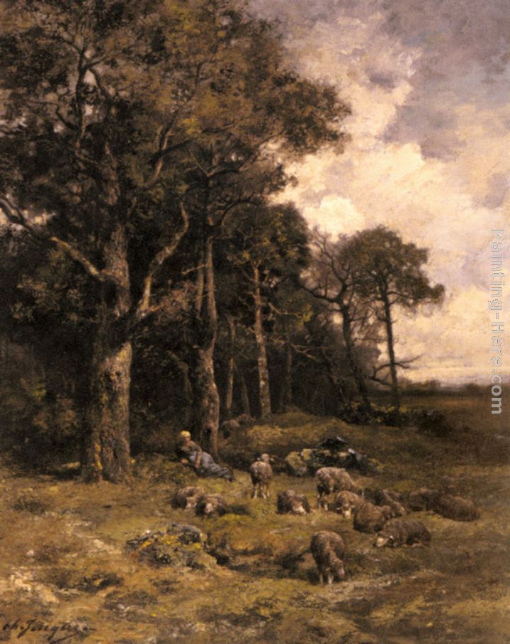 Shepherdess Resting With Her Flock painting - Charles Emile Jacque Shepherdess Resting With Her Flock art painting